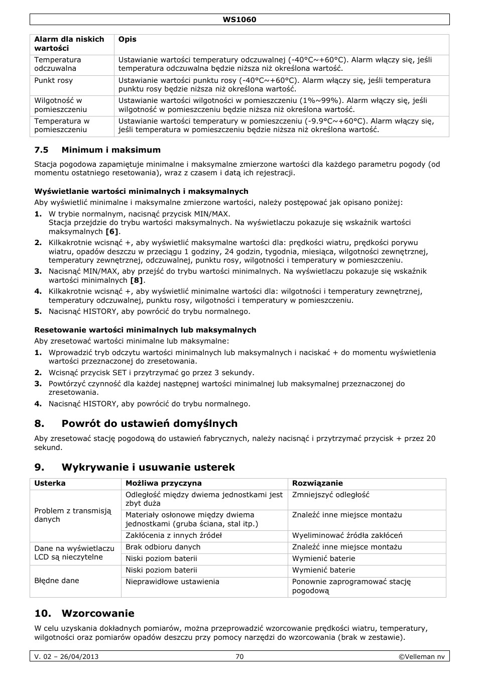 5 minimum i maksimum, Wyświetlanie wartości minimalnych i maksymalnych, Resetowanie wartości minimalnych lub maksymalnych | Powrót do ustawień domyślnych, Wykrywanie i usuwanie usterek, Wzorcowanie | Velleman WS1060 User Manual | Page 70 / 77