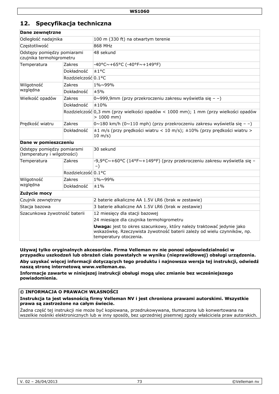 Specyfikacja techniczna, Warranty - garantie - garantia - gwarancja | Velleman WS1060 User Manual | Page 73 / 77