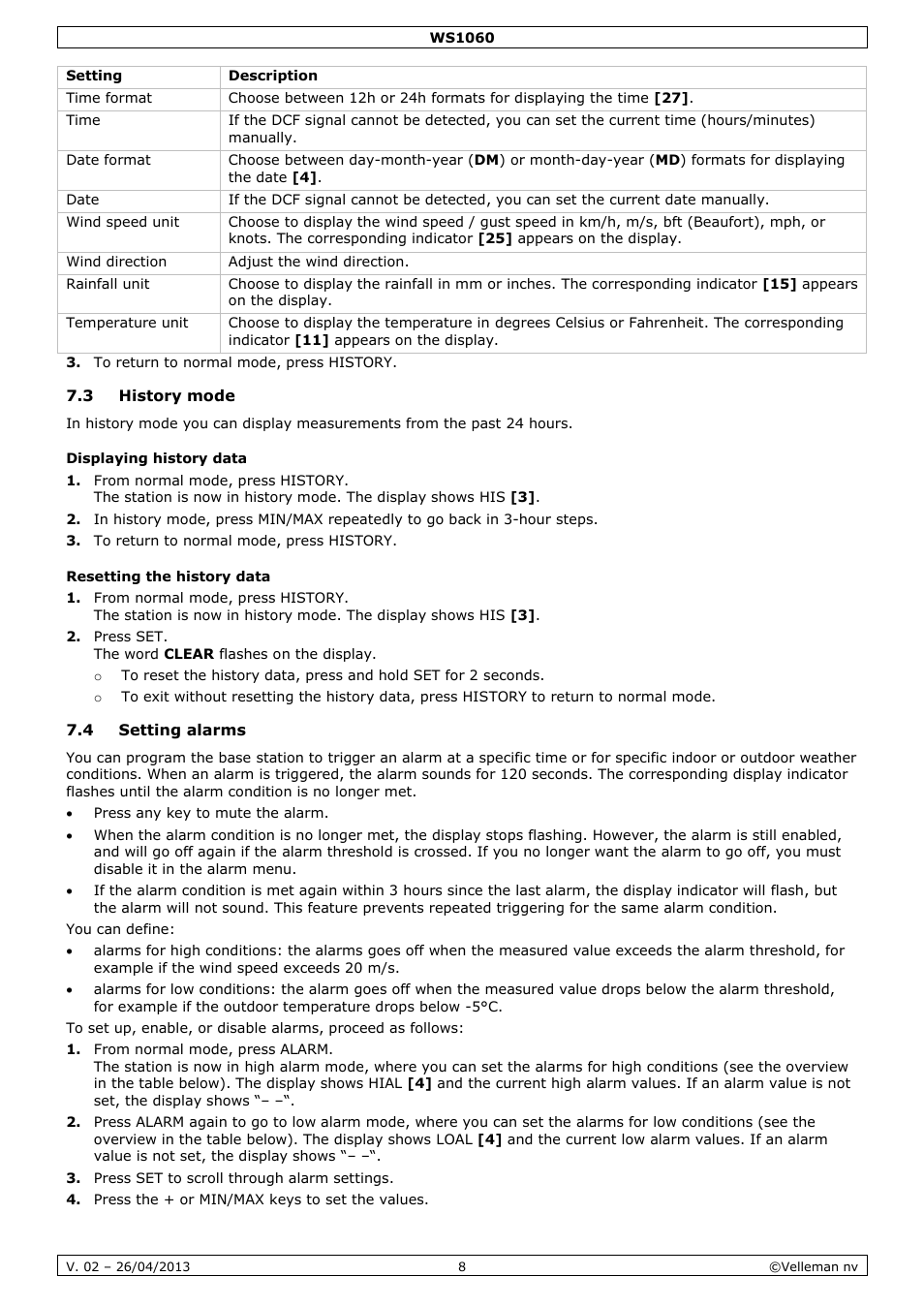 3 history mode, Displaying history data, Resetting the history data | 4 setting alarms | Velleman WS1060 User Manual | Page 8 / 77