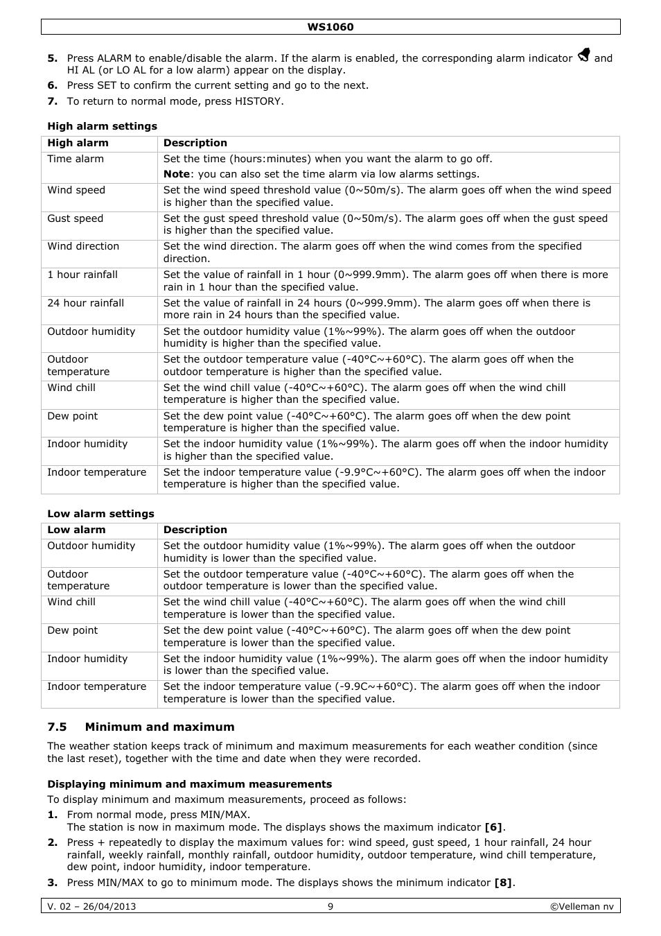 High alarm settings, Low alarm settings, 5 minimum and maximum | Displaying minimum and maximum measurements | Velleman WS1060 User Manual | Page 9 / 77