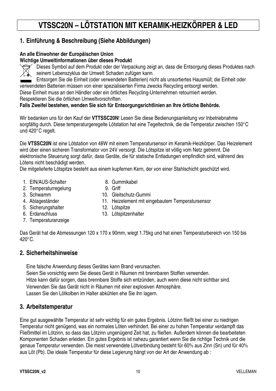 Vtssc20n – lötstation mit keramik-heizkörper & led | Velleman VTSSC20N User Manual | Page 10 / 11