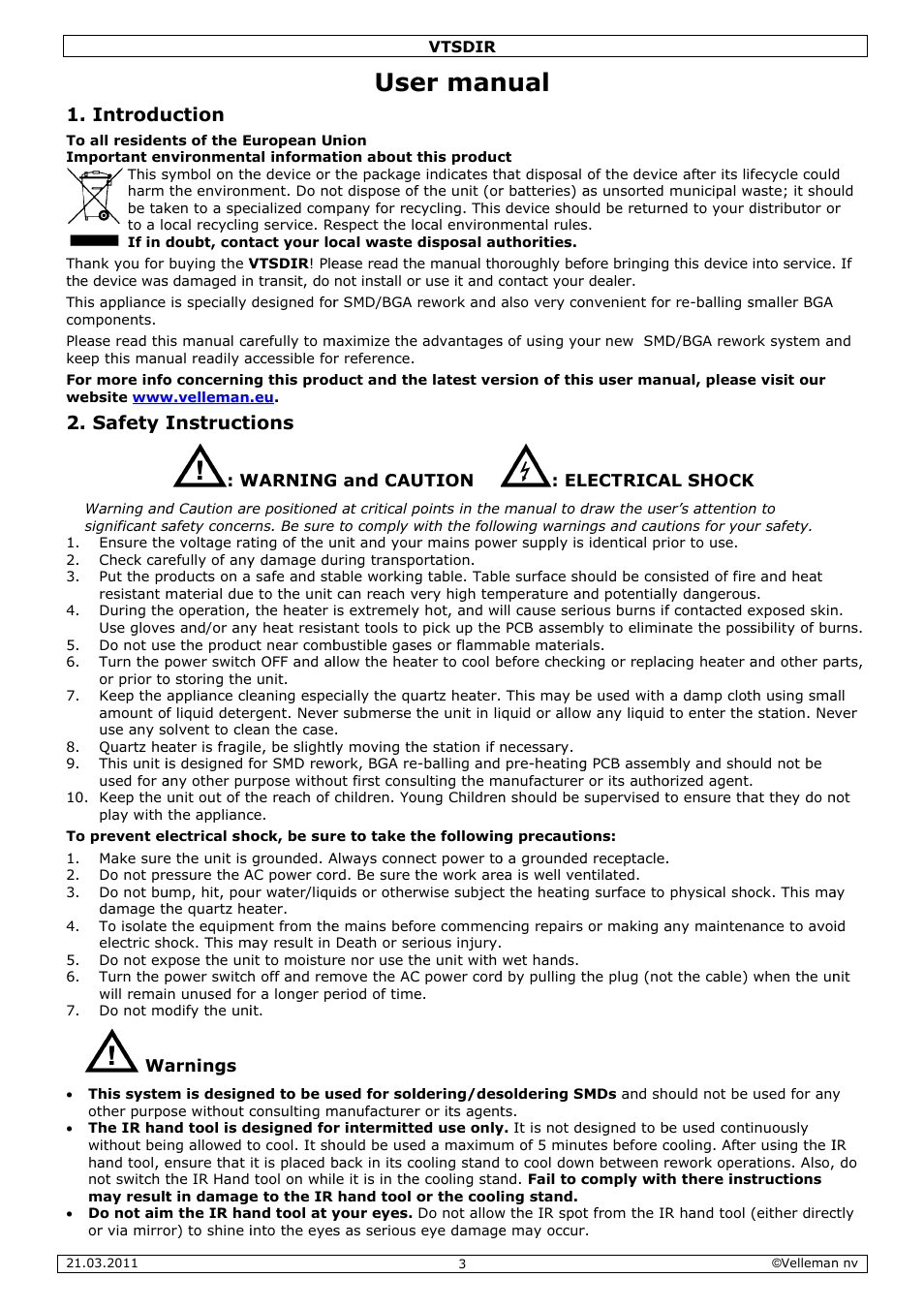 Er man, Nual, Introdu | Safety i, Uction, Instruct, Ions | Velleman VTSDIR User Manual | Page 3 / 12