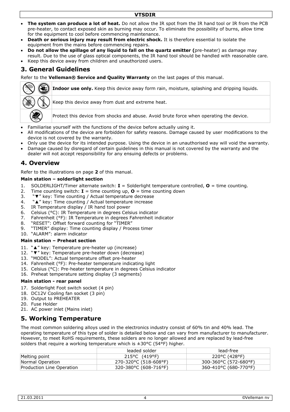 Genera, Overvie, Workin | L guideli, G tempe, Erature | Velleman VTSDIR User Manual | Page 4 / 12