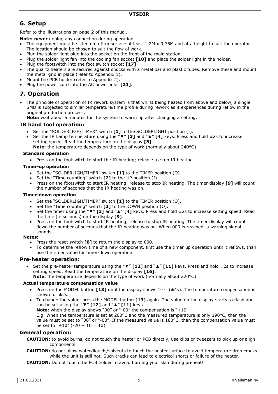 Setup, Operation | Velleman VTSDIR User Manual | Page 5 / 12