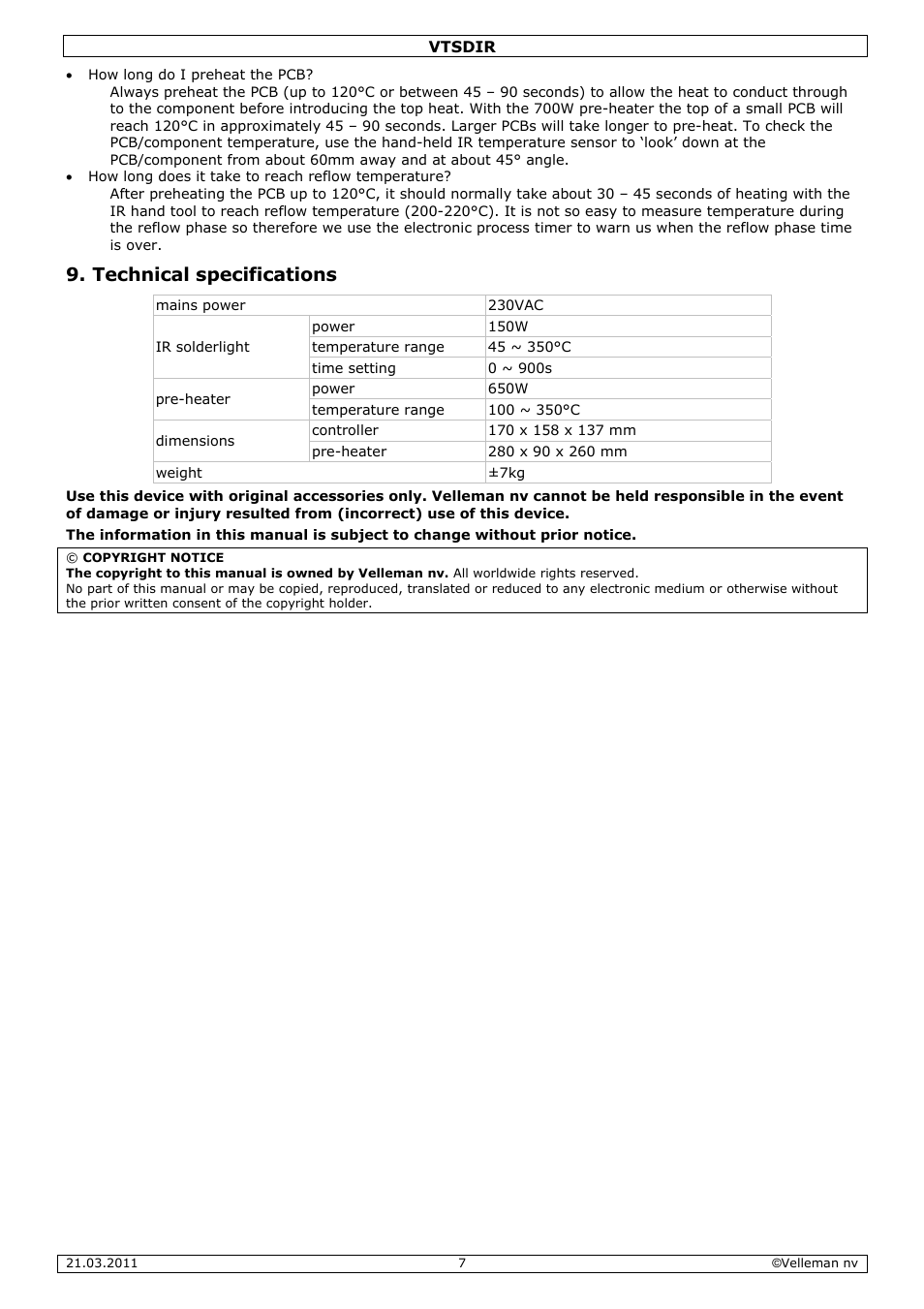 Technical specifications | Velleman VTSDIR User Manual | Page 7 / 12
