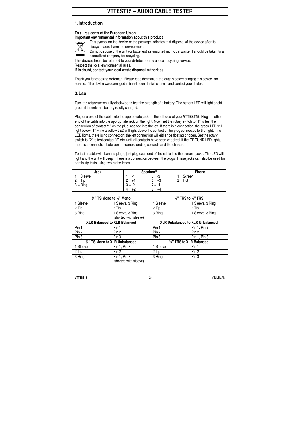 Vttest15 – audio cable tester | Velleman VTTEST15 User Manual | Page 2 / 7