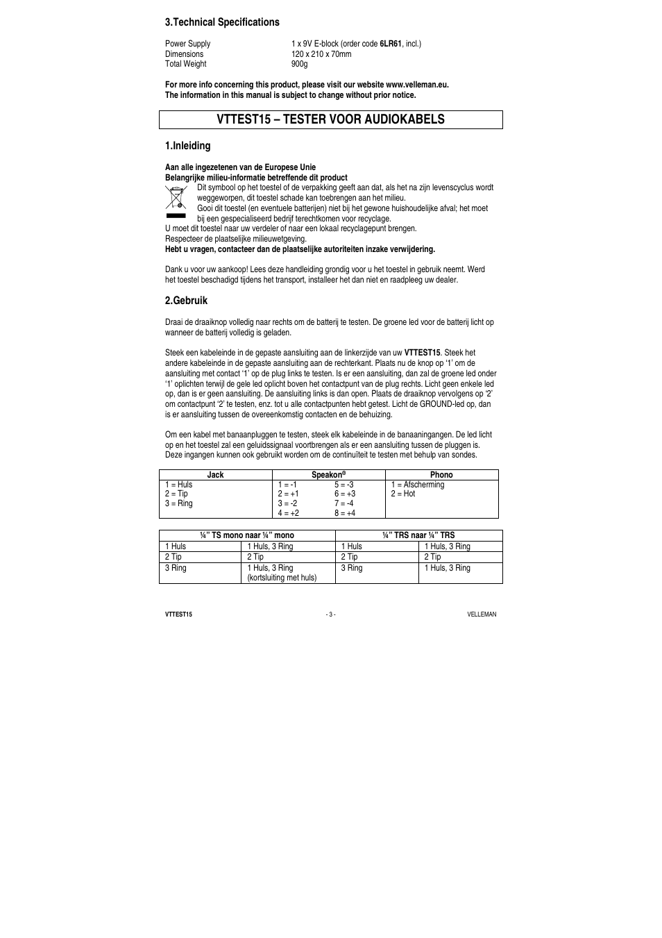 Vttest15 – tester voor audiokabels | Velleman VTTEST15 User Manual | Page 3 / 7