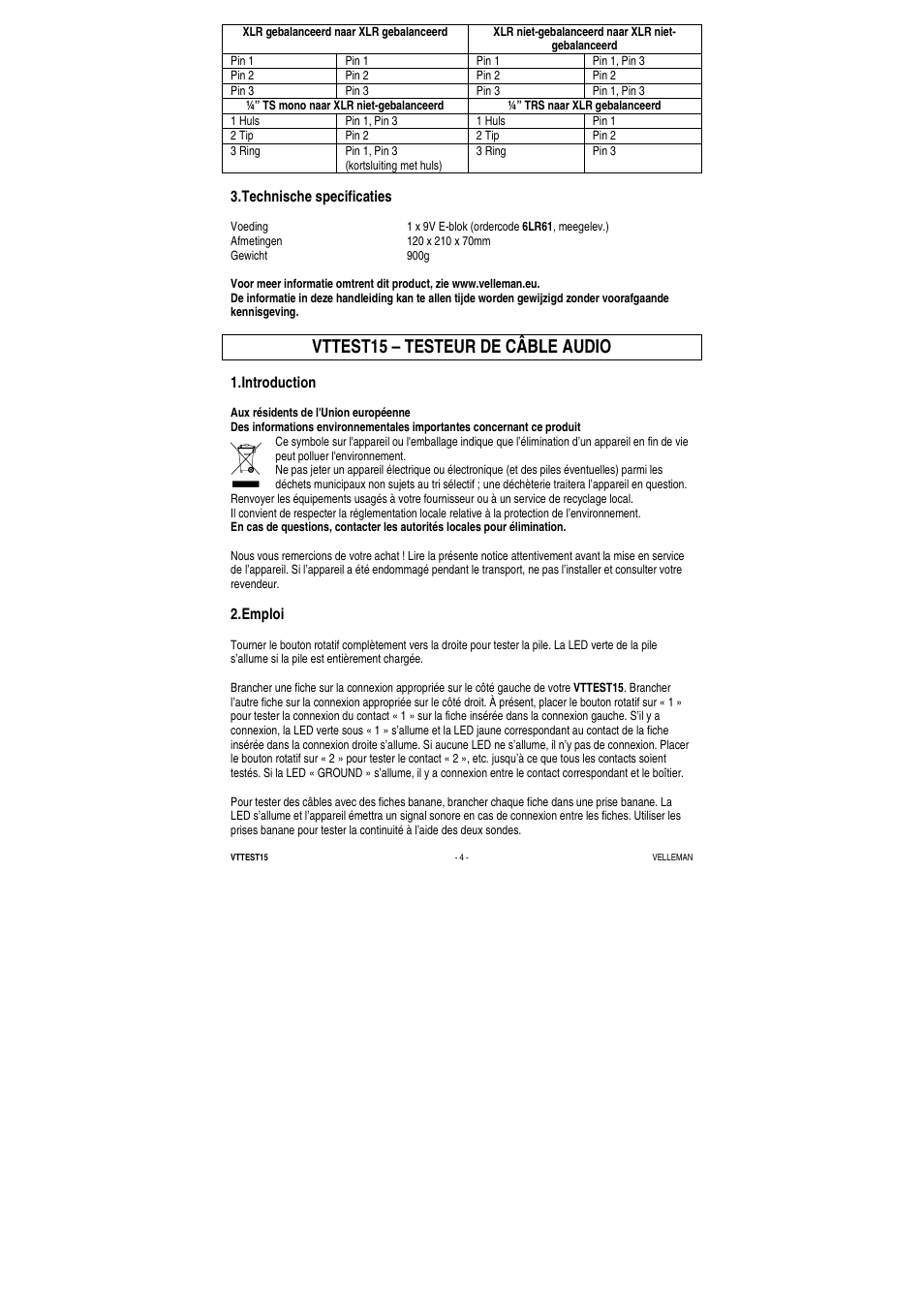 Vttest15 – testeur de câble audio | Velleman VTTEST15 User Manual | Page 4 / 7
