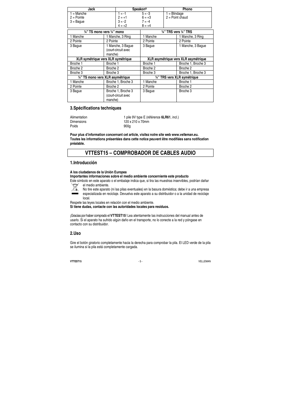 Vttest15 – comprobador de cables audio | Velleman VTTEST15 User Manual | Page 5 / 7