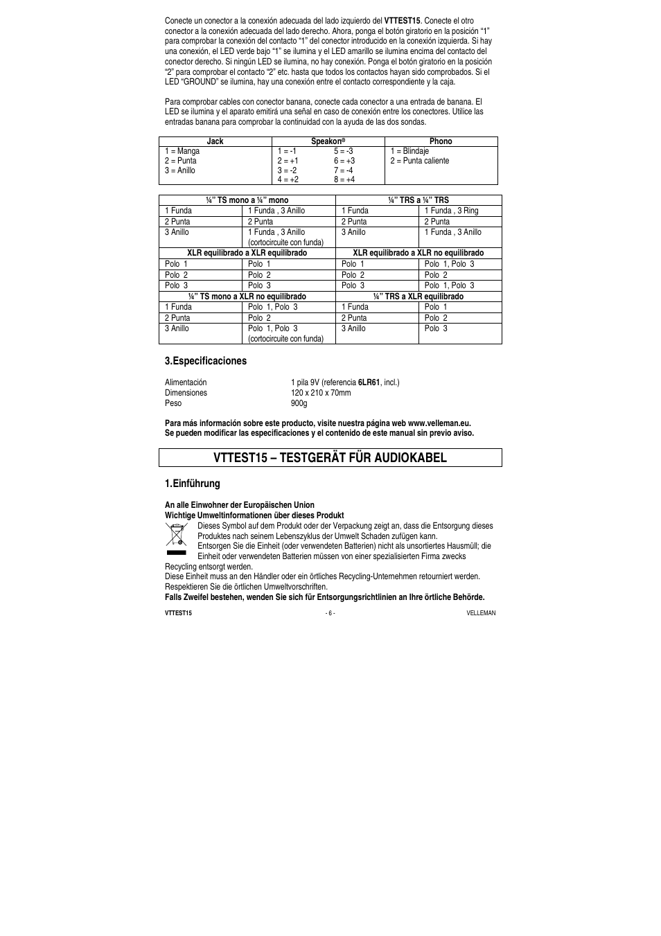 Vttest15 – testgerät für audiokabel | Velleman VTTEST15 User Manual | Page 6 / 7