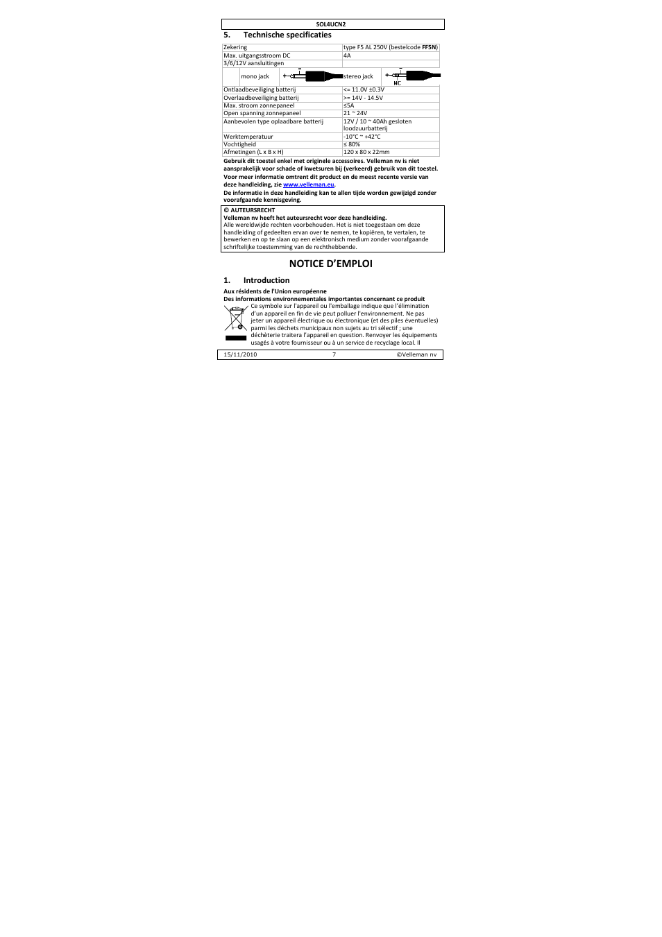 Notice, D’emploi | Velleman SOL4UCN2 User Manual | Page 7 / 22