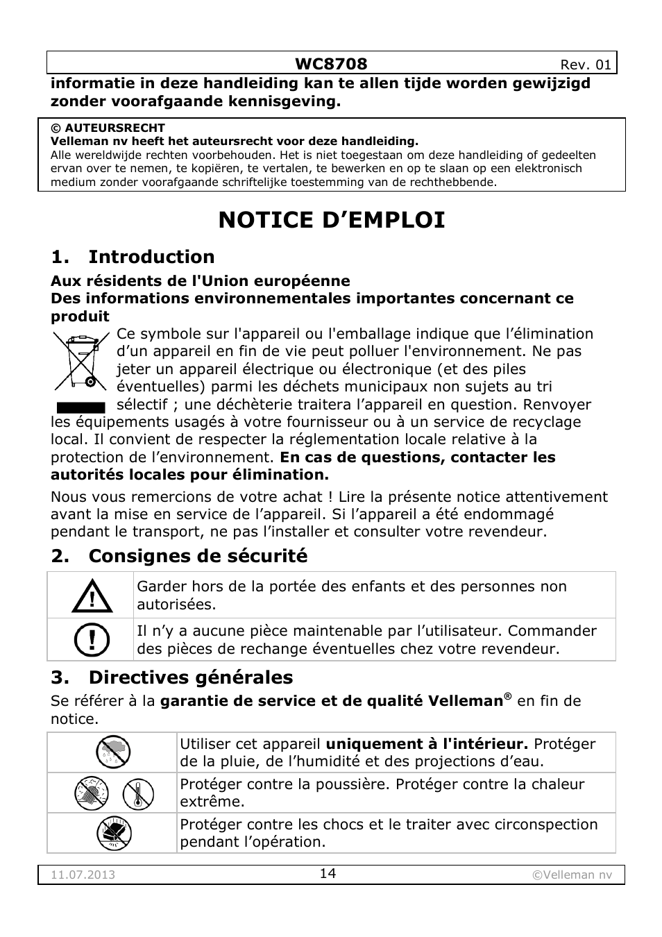 Notice d’emploi, Introduction, Consignes de sécurité | Directives générales | Velleman WC8708 User Manual | Page 14 / 42