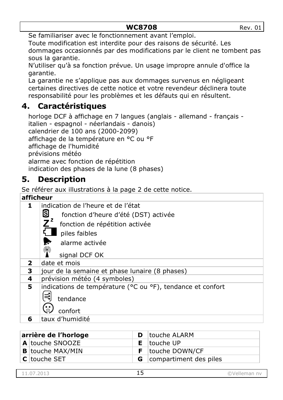 Caractéristiques, Description | Velleman WC8708 User Manual | Page 15 / 42