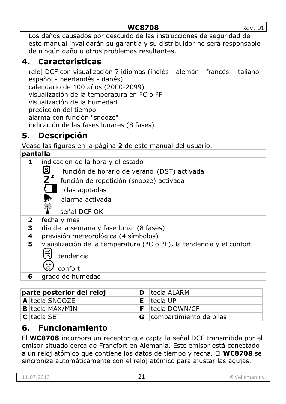 Características, Descripción, Funcionamiento | Velleman WC8708 User Manual | Page 21 / 42
