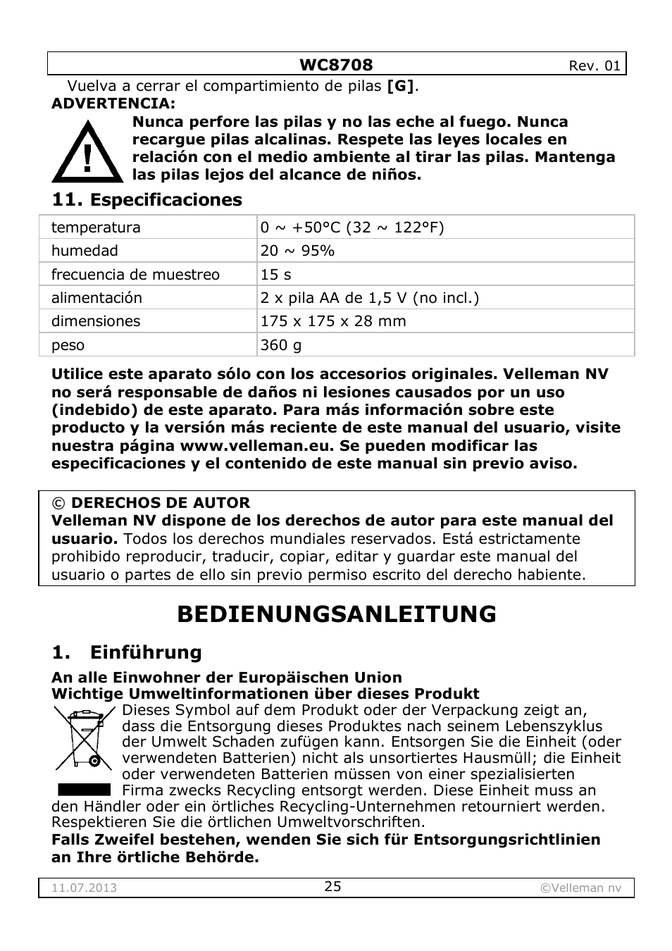 Bedienungsanleitung, Einführung | Velleman WC8708 User Manual | Page 25 / 42