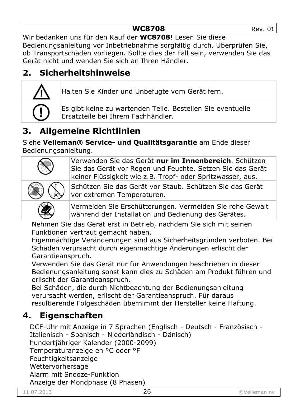 Sicherheitshinweise, Allgemeine richtlinien, Eigenschaften | Velleman WC8708 User Manual | Page 26 / 42