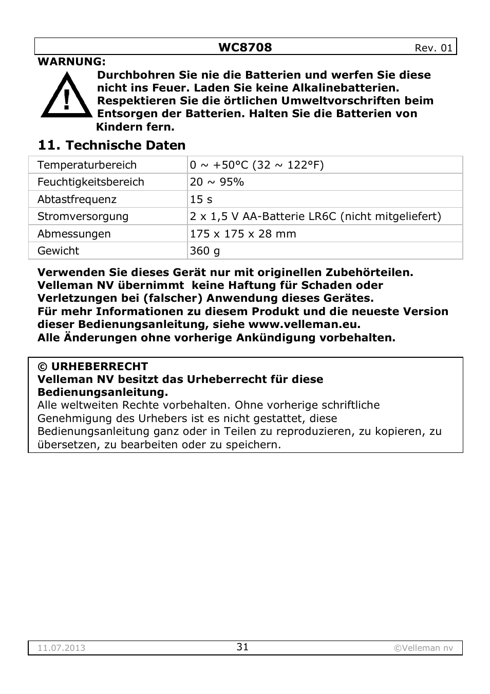Technische daten | Velleman WC8708 User Manual | Page 31 / 42