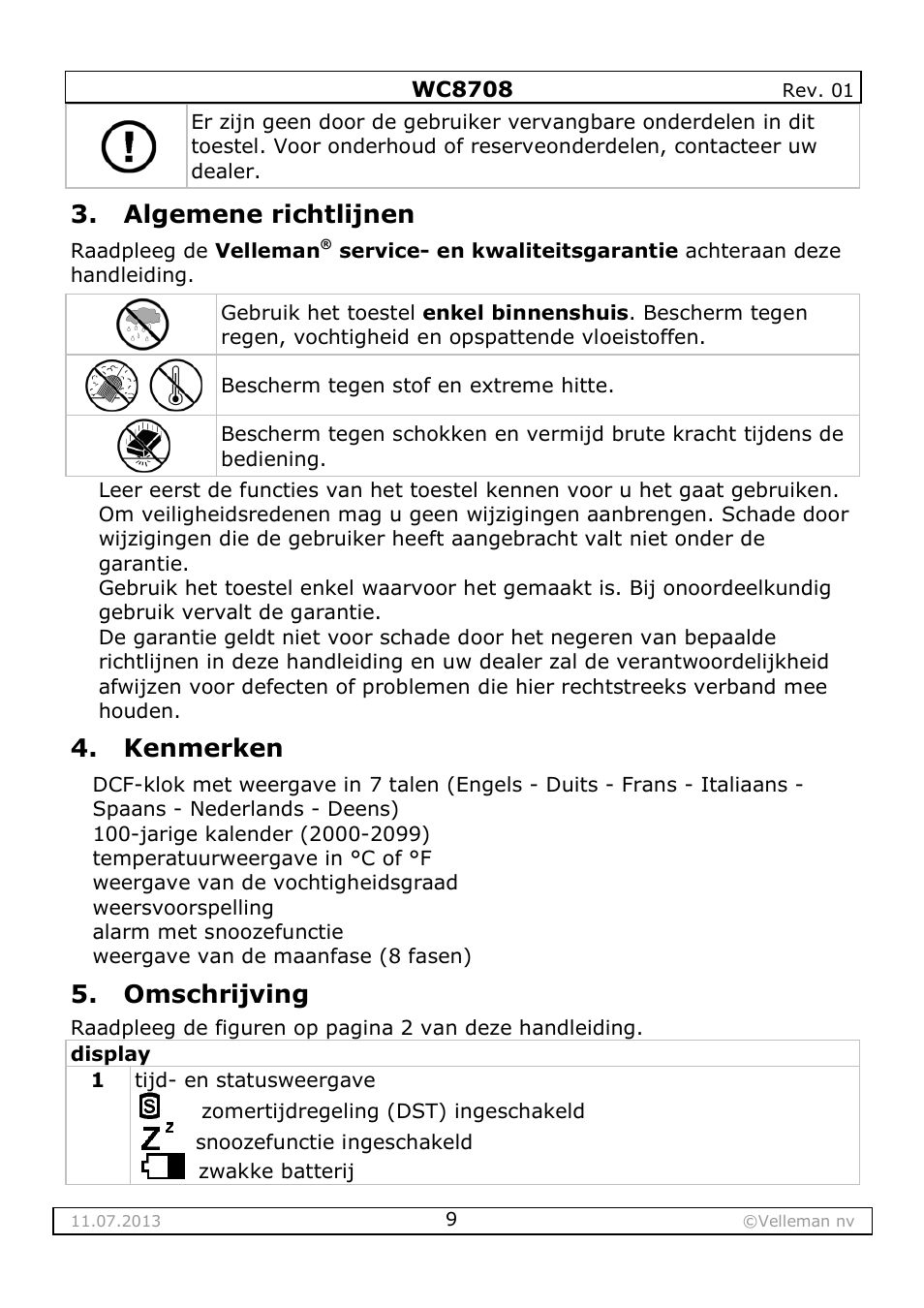 Algemene richtlijnen, Kenmerken, Omschrijving | Velleman WC8708 User Manual | Page 9 / 42