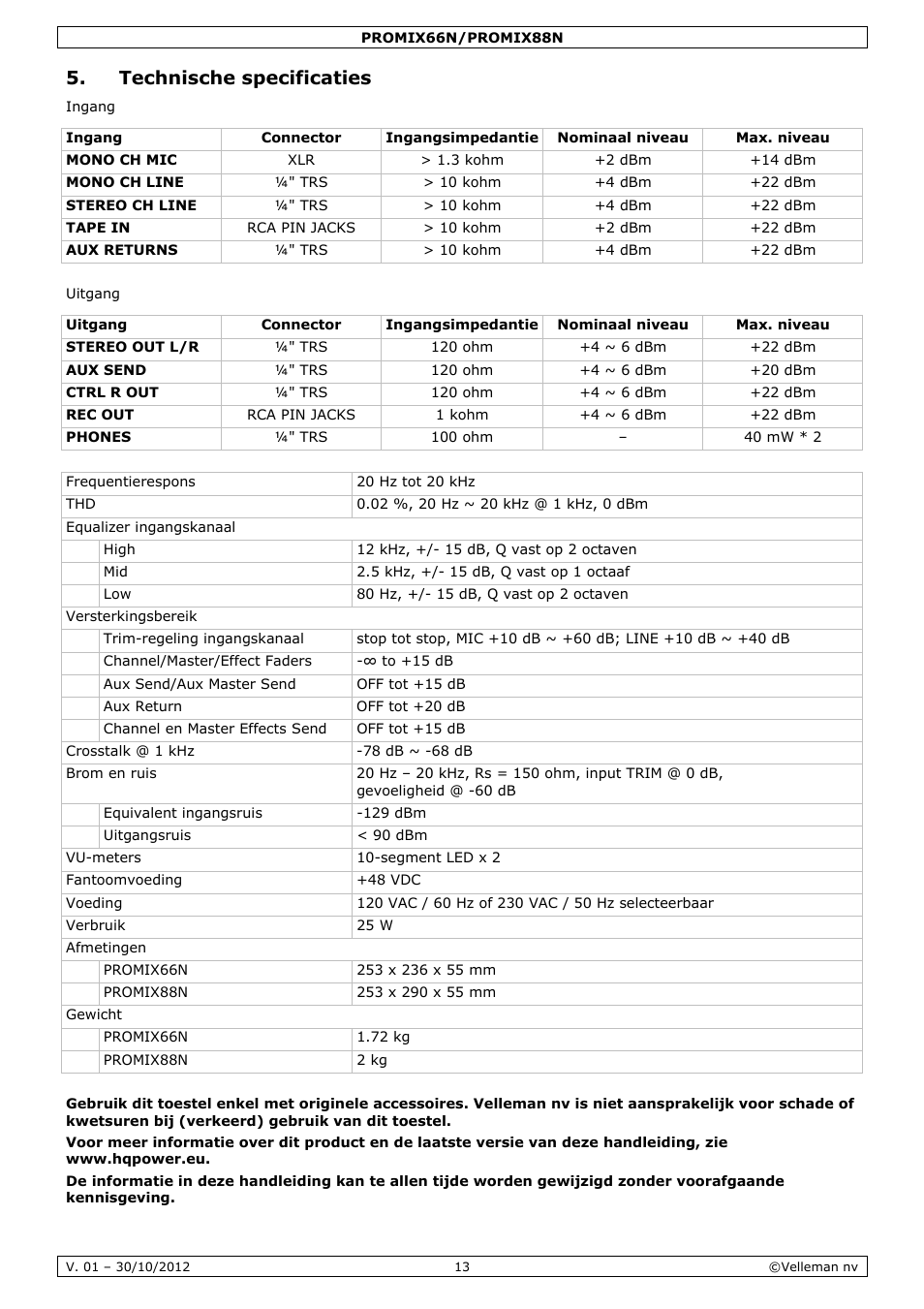 Technische specificaties | Velleman PROMIX66N User Manual | Page 13 / 38