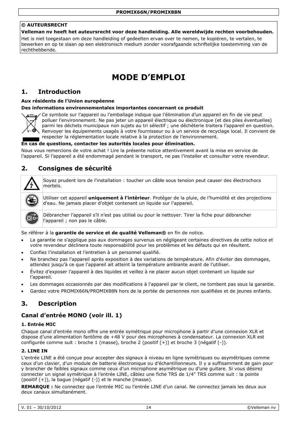 Mode d'emploi, Mode, E d’em | Mploi, Intro, Cons, Desc, Oduction, Signes de, Cription | Velleman PROMIX66N User Manual | Page 14 / 38