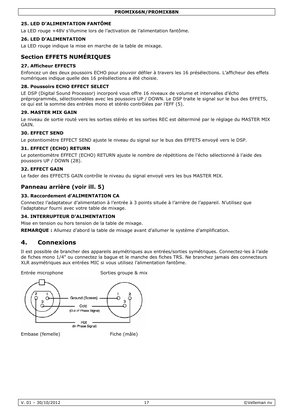 Connexions | Velleman PROMIX66N User Manual | Page 17 / 38