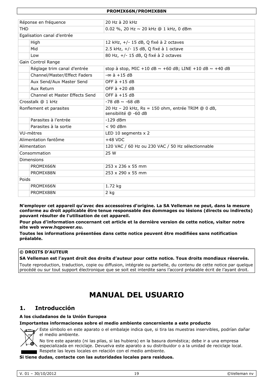 Anual, L del u, Usuar | Intro, Oducción | Velleman PROMIX66N User Manual | Page 19 / 38