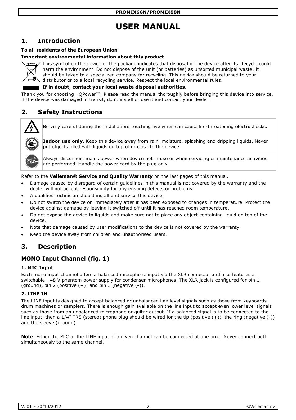 User manual, R man, Nual | Intro, Safet, Desc, Oduction, Ty instru, Cription, Uctions | Velleman PROMIX66N User Manual | Page 2 / 38
