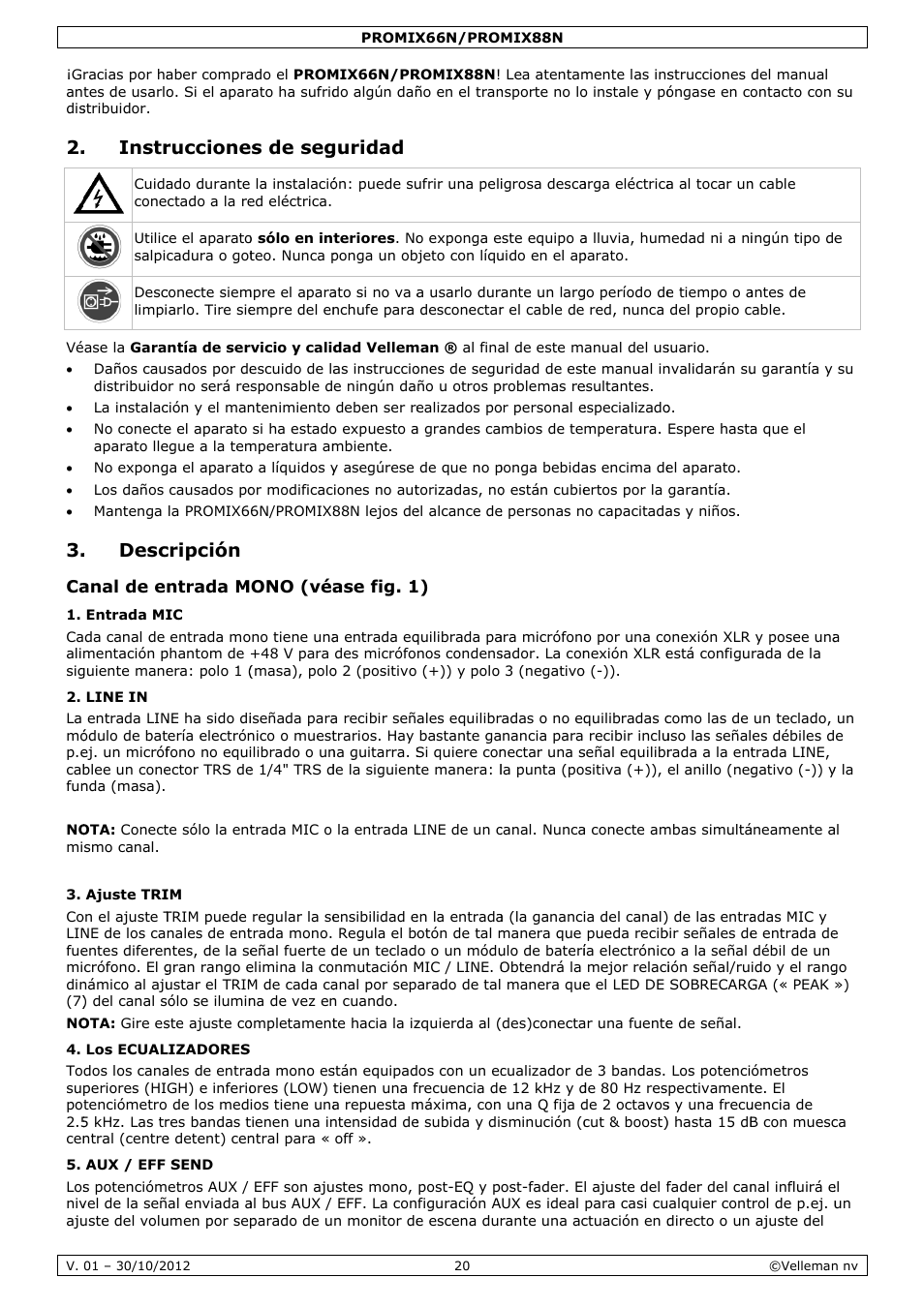 Manual del usuario, Instr, Desc | Ruccione, Cripción, S de seg, Guridad | Velleman PROMIX66N User Manual | Page 20 / 38