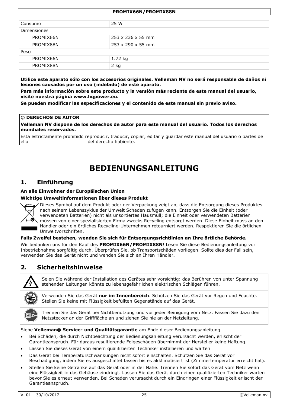 Bedienungsanleitung, Dienun, Ngsan | Nleitu, Einfü, Siche, Ührung, Erheitsh, Inweise | Velleman PROMIX66N User Manual | Page 25 / 38