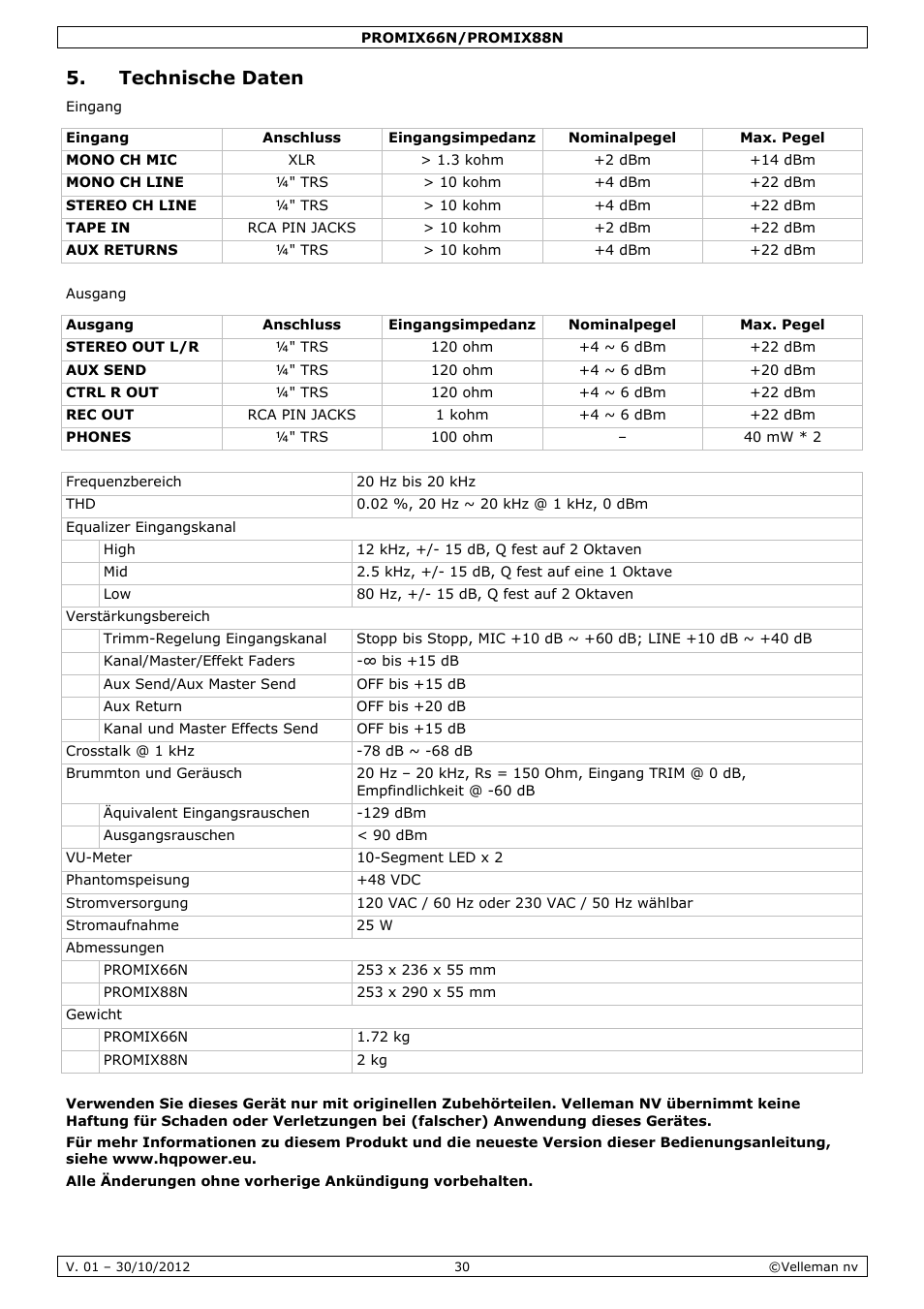 Technische daten | Velleman PROMIX66N User Manual | Page 30 / 38