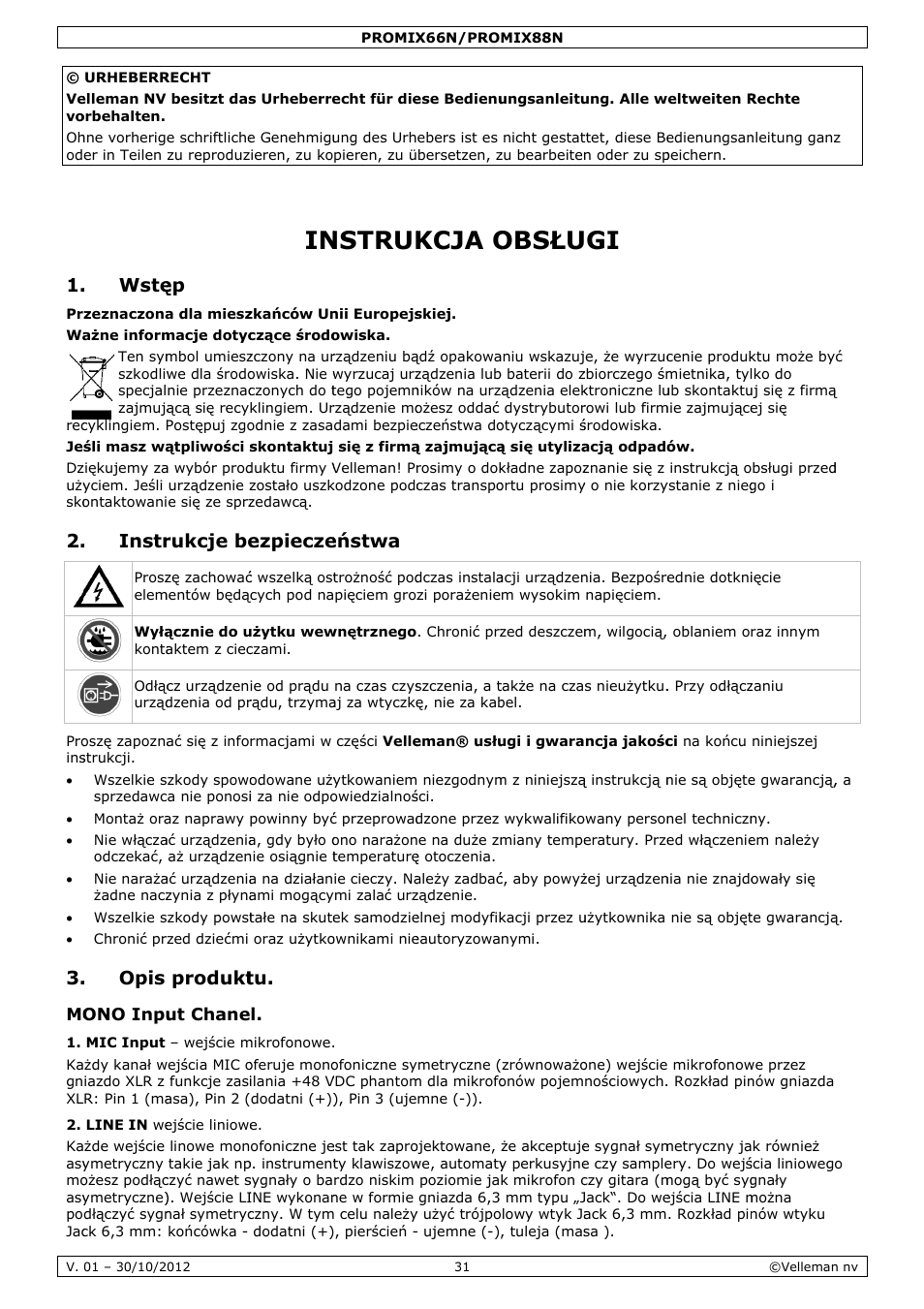 Instrukcja obsługi, Nstruk, Kcja o | Obsłu, Wstę, Instr, Opis, Rukcje be, Produkt, Ezpiecze | Velleman PROMIX66N User Manual | Page 31 / 38