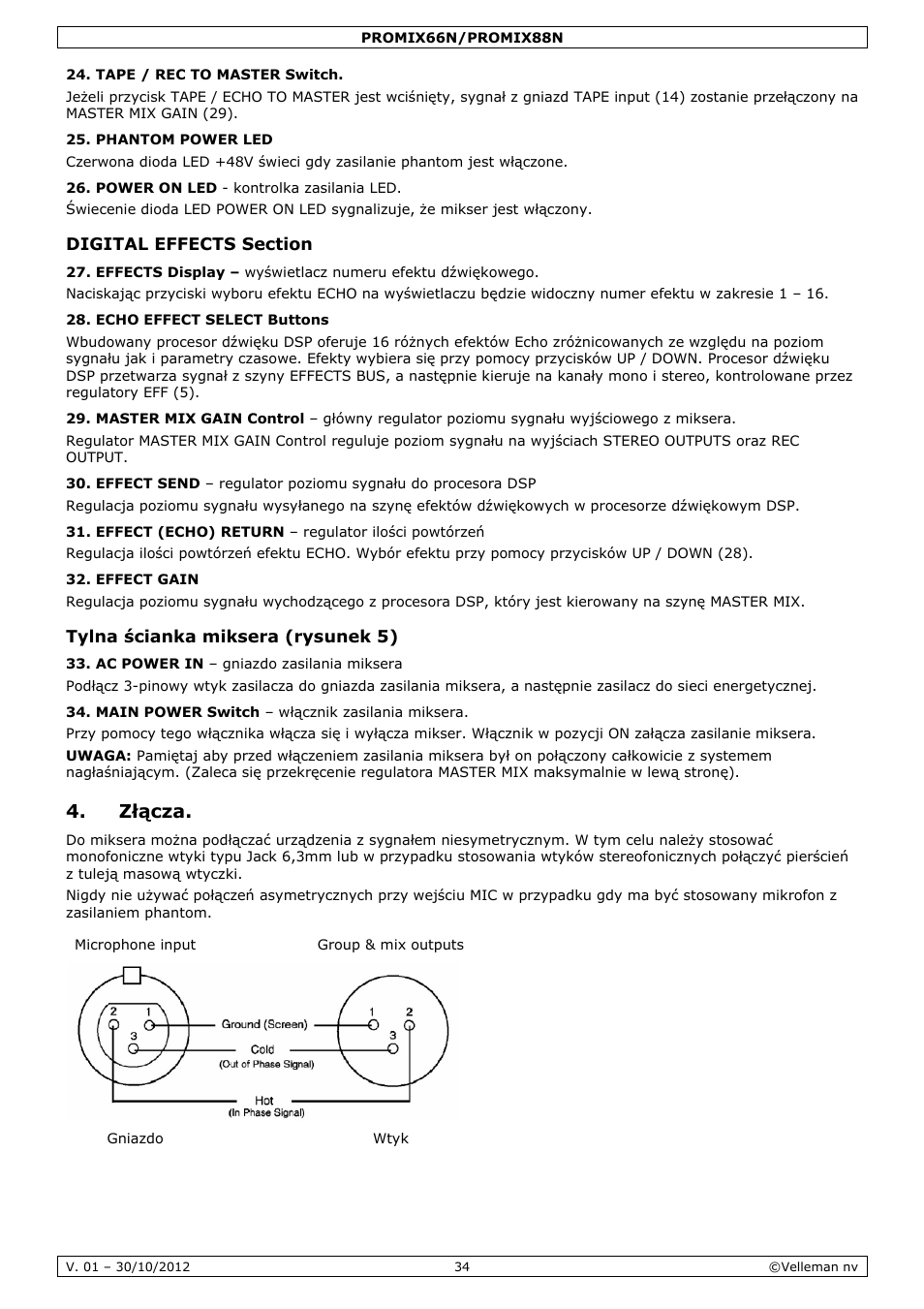 Złącza | Velleman PROMIX66N User Manual | Page 34 / 38