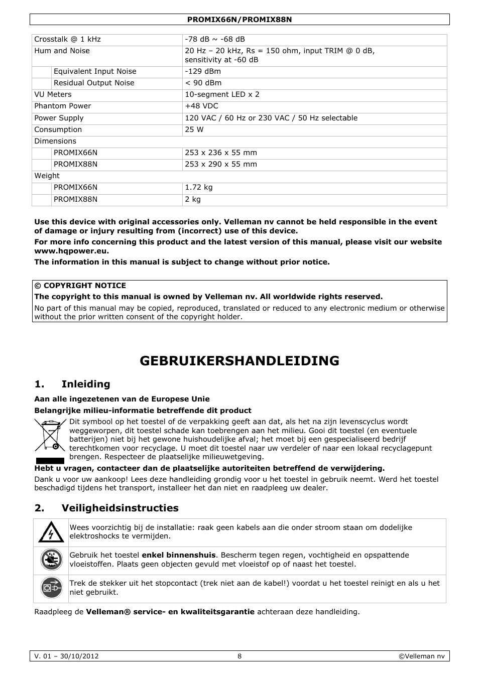 Gebruikershandleiding, Gebr, Ruiker | Rshan, Ndleid, Inlei, Veilig, Ding, Gheidsin, Nstructie | Velleman PROMIX66N User Manual | Page 8 / 38