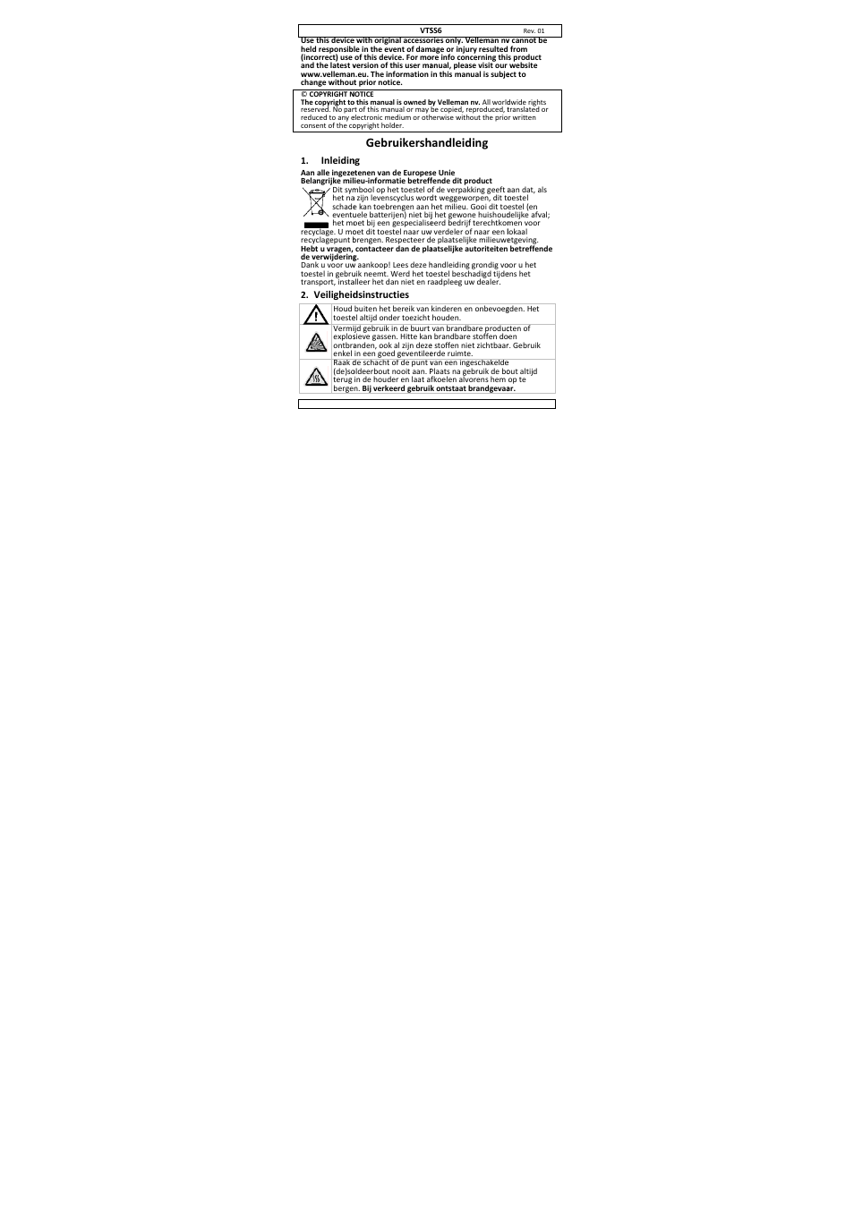 Gebruikershandleiding, Gebruikersh, Handleiding | Velleman VTSS6 User Manual | Page 5 / 23