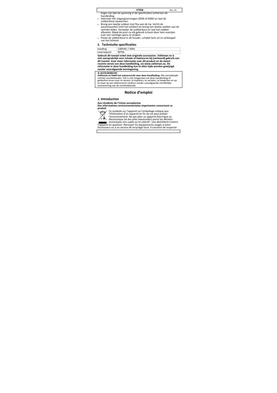 Notice d'emploi, Notice d, Emploi | Velleman VTSS6 User Manual | Page 7 / 23