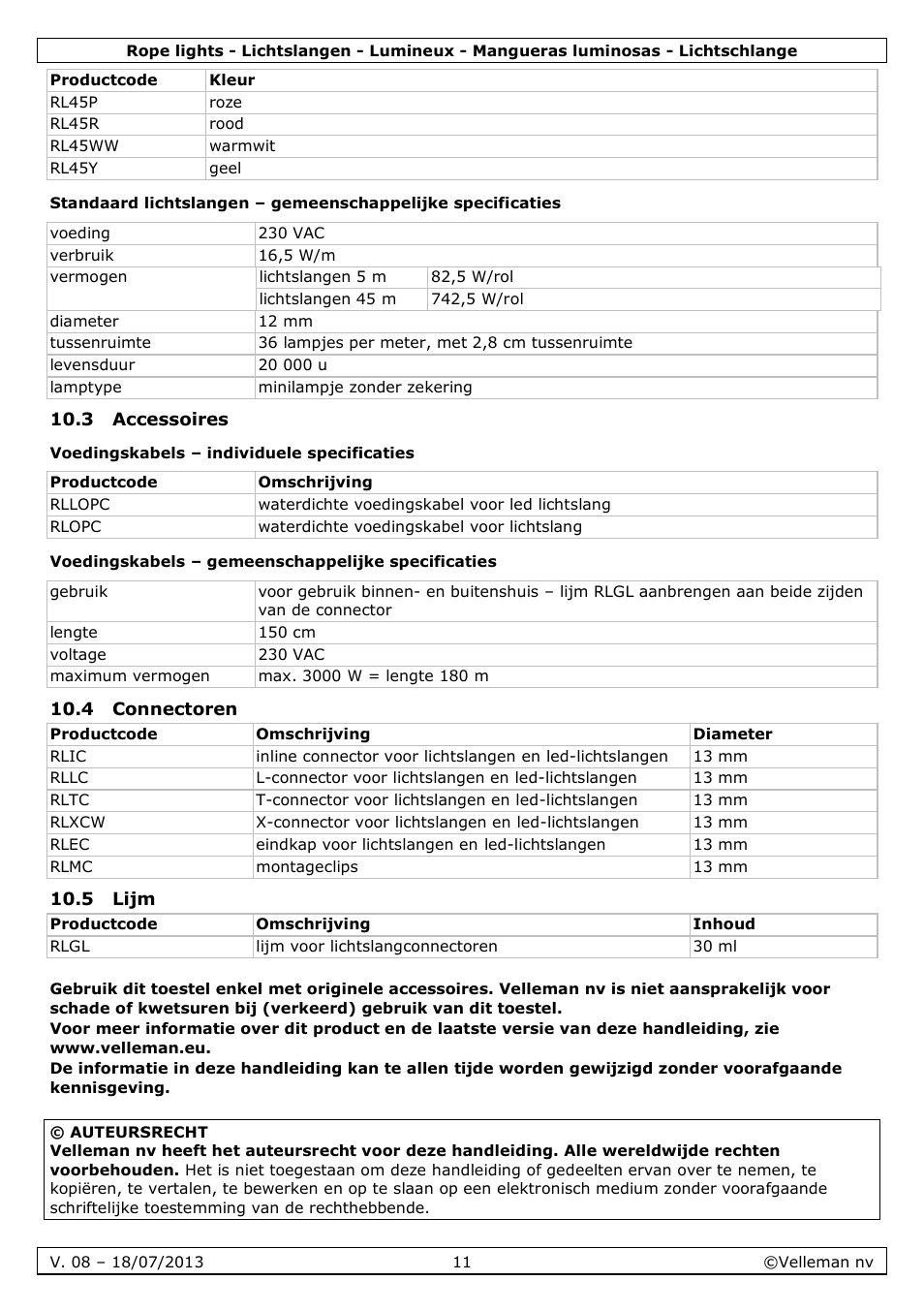 3 accessoires, Voedingskabels – individuele specificaties, Voedingskabels – gemeenschappelijke specificaties | 4 connectoren, 5 lijm | Velleman VDLRL28x User Manual | Page 11 / 30