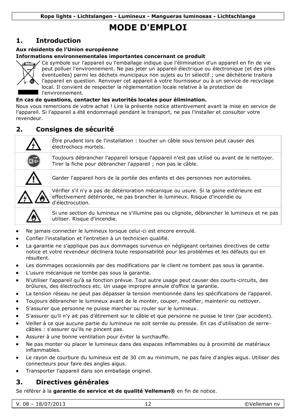 Mode d'emploi, Introduction, Consignes de sécurité | Directives générales | Velleman VDLRL28x User Manual | Page 12 / 30