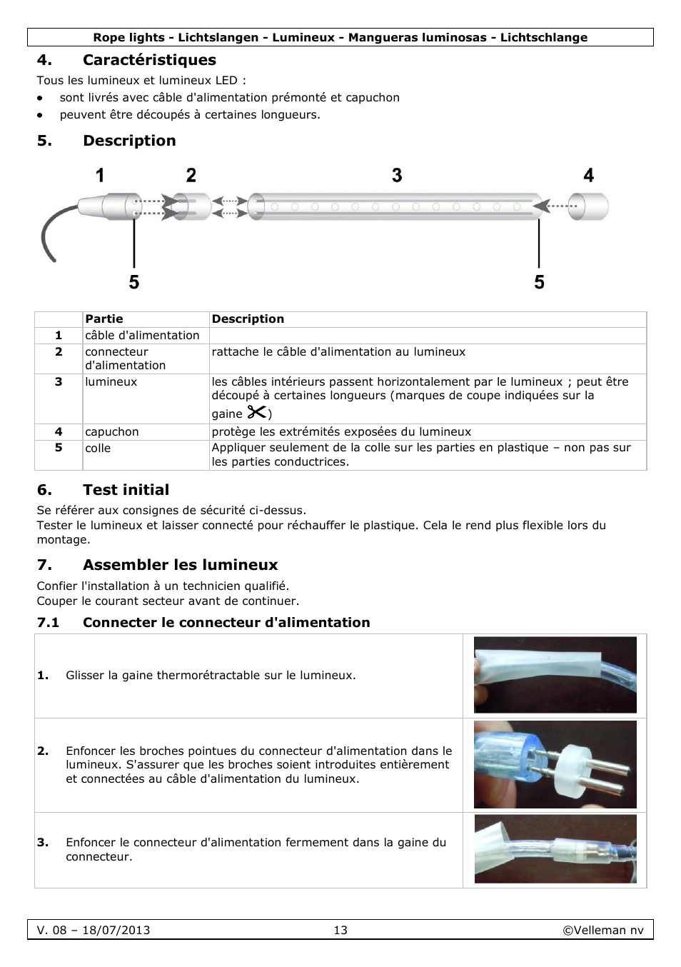 Caractéristiques, Description, Test initial | Assembler les lumineux, 1 connecter le connecteur d'alimentation | Velleman VDLRL28x User Manual | Page 13 / 30