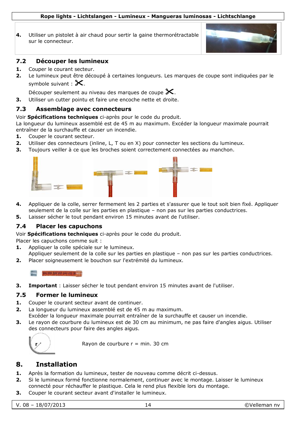 2 découper les lumineux, 3 assemblage avec connecteurs, 4 placer les capuchons | 5 former le lumineux, Installation | Velleman VDLRL28x User Manual | Page 14 / 30