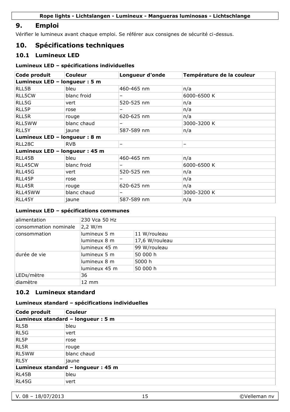 Emploi, Spécifications techniques, 1 lumineux led | Lumineux led – spécifications individuelles, Lumineux led – spécifications communes, 2 lumineux standard, Lumineux standard – spécifications individuelles | Velleman VDLRL28x User Manual | Page 15 / 30