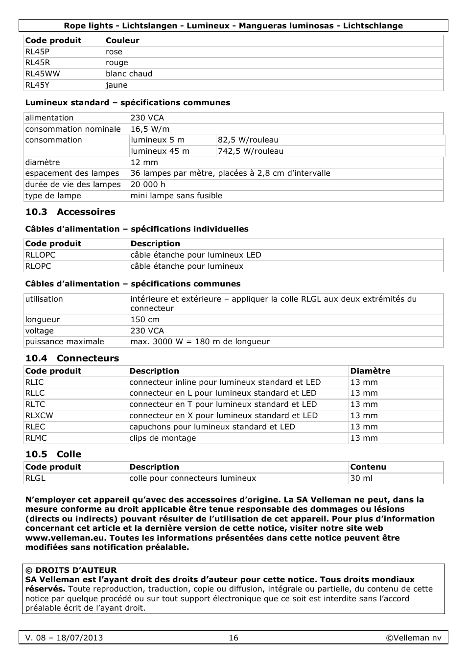 Lumineux standard – spécifications communes, 3 accessoires, Câbles d’alimentation – spécifications communes | 4 connecteurs, 5 colle | Velleman VDLRL28x User Manual | Page 16 / 30