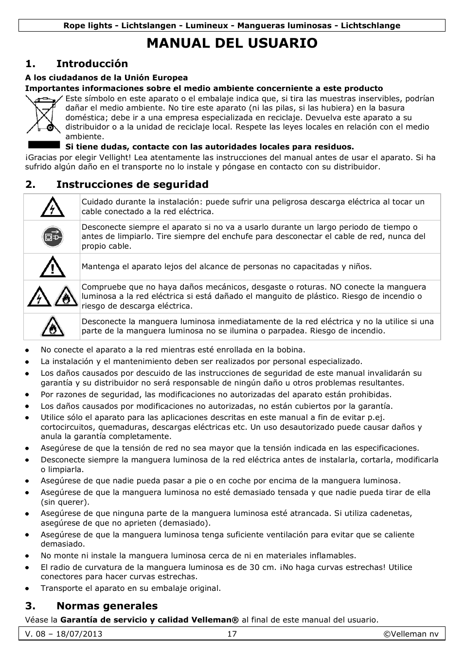 Manual del usuario, Introducción, Instrucciones de seguridad | Normas generales | Velleman VDLRL28x User Manual | Page 17 / 30