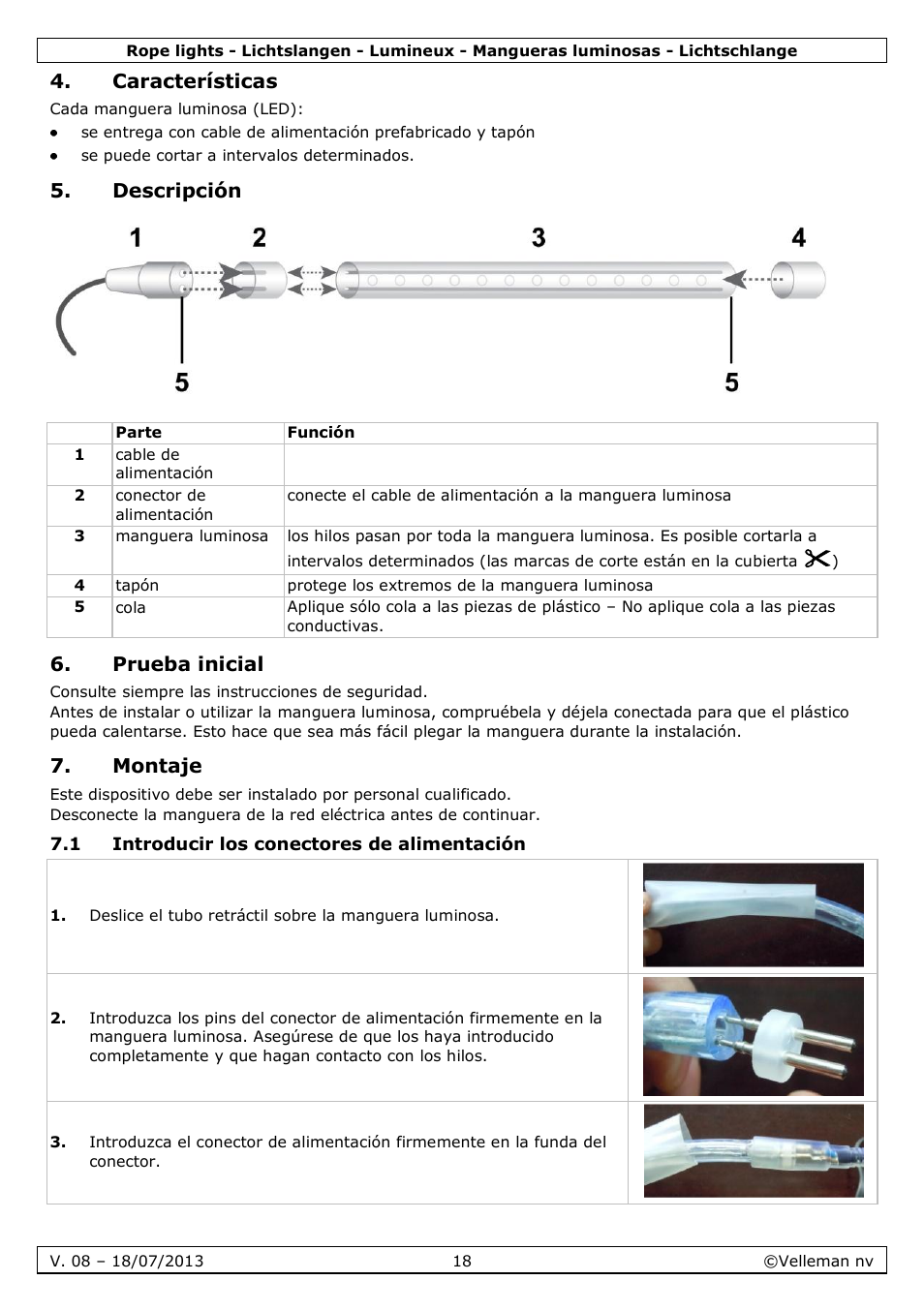 Características, Descripción, Prueba inicial | Montaje, 1 introducir los conectores de alimentación | Velleman VDLRL28x User Manual | Page 18 / 30