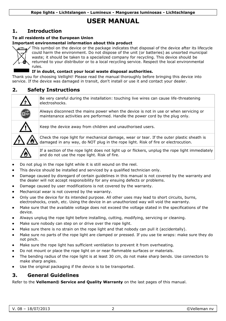 User manual, Introduction, Safety instructions | General guidelines | Velleman VDLRL28x User Manual | Page 2 / 30