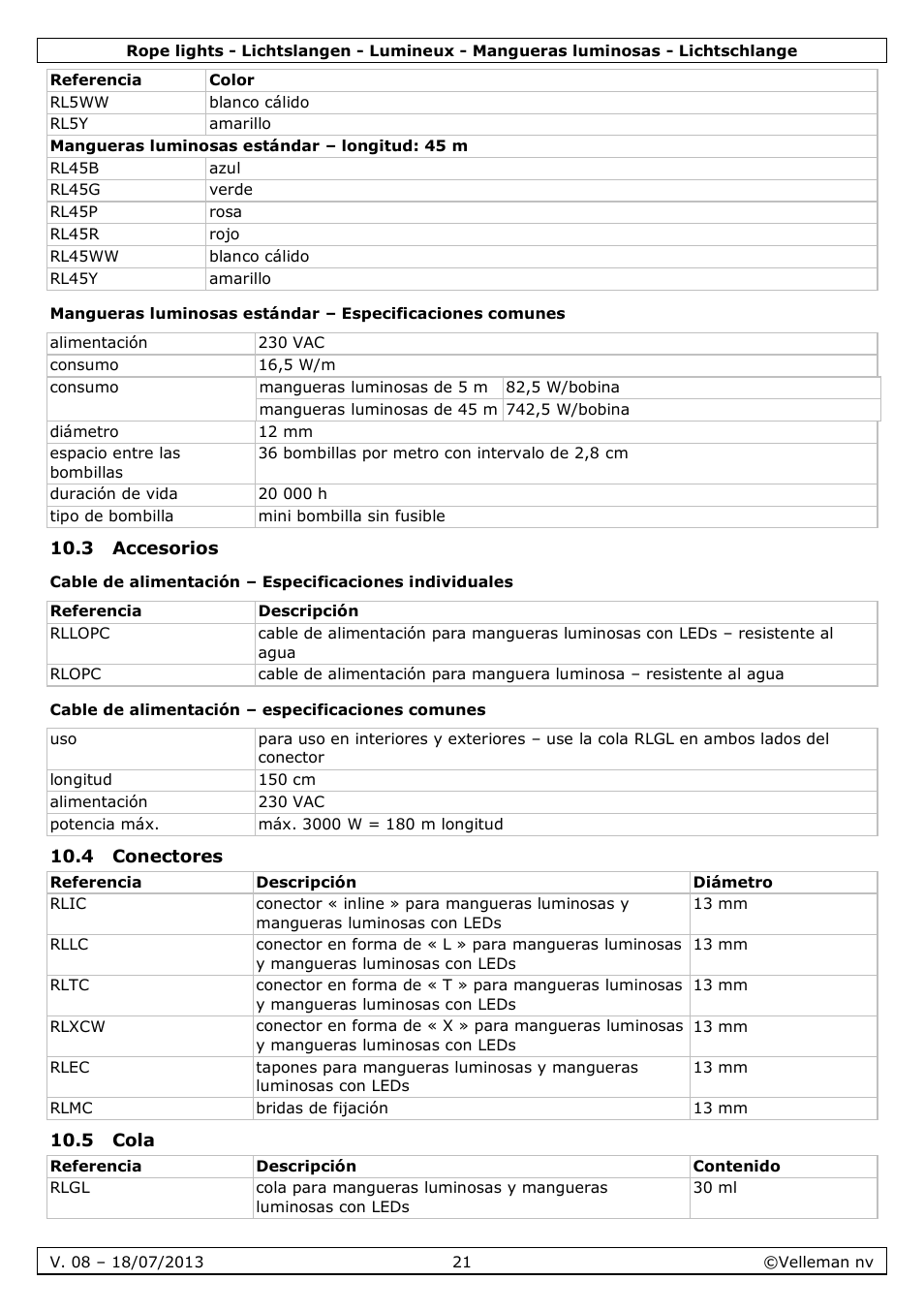 3 accesorios, Cable de alimentación – especificaciones comunes, 4 conectores | 5 cola | Velleman VDLRL28x User Manual | Page 21 / 30