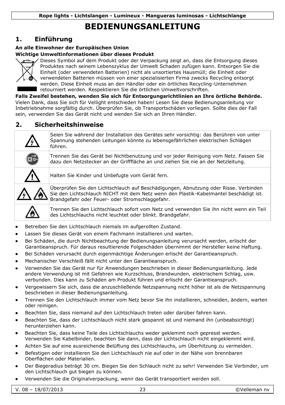 Bedienungsanleitung, Einführung, Sicherheitshinweise | Velleman VDLRL28x User Manual | Page 23 / 30