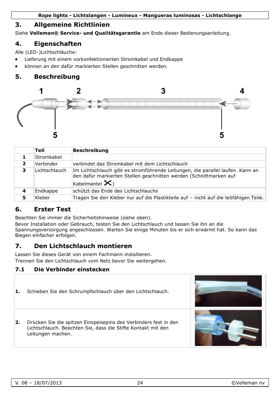 Allgemeine richtlinien, Eigenschaften, Beschreibung | Erster test, Den lichtschlauch montieren, 1 die verbinder einstecken | Velleman VDLRL28x User Manual | Page 24 / 30