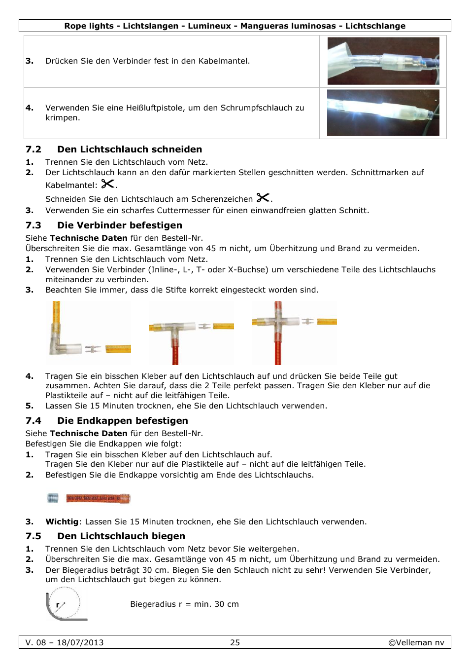 2 den lichtschlauch schneiden, 3 die verbinder befestigen, 4 die endkappen befestigen | 5 den lichtschlauch biegen | Velleman VDLRL28x User Manual | Page 25 / 30