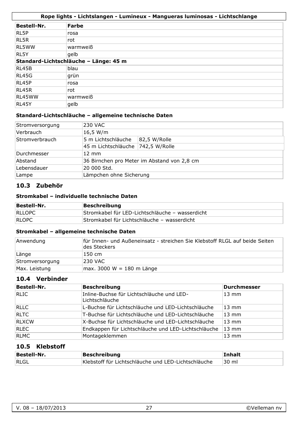 3 zubehör, Stromkabel – individuelle technische daten, Stromkabel – allgemeine technische daten | 4 verbinder, 5 klebstoff | Velleman VDLRL28x User Manual | Page 27 / 30