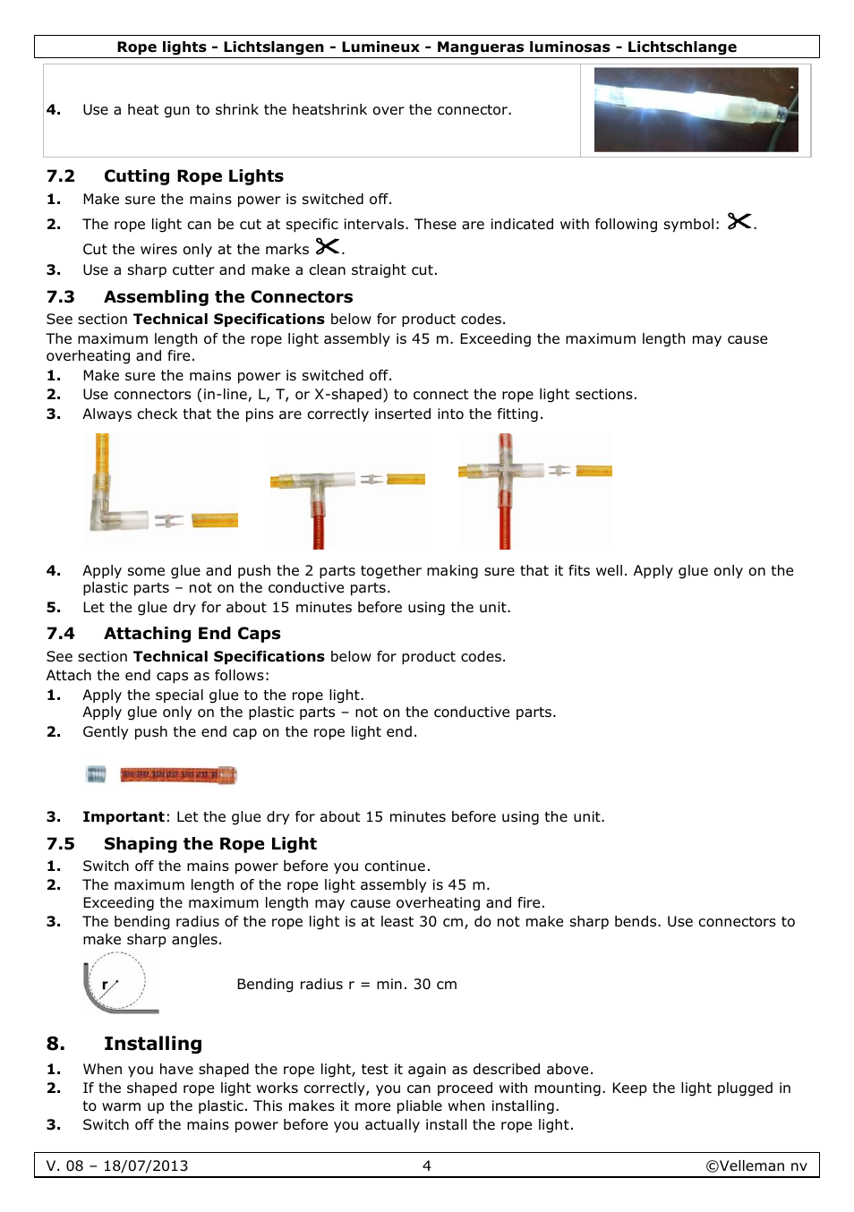 2 cutting rope lights, 3 assembling the connectors, 4 attaching end caps | 5 shaping the rope light, Installing | Velleman VDLRL28x User Manual | Page 4 / 30